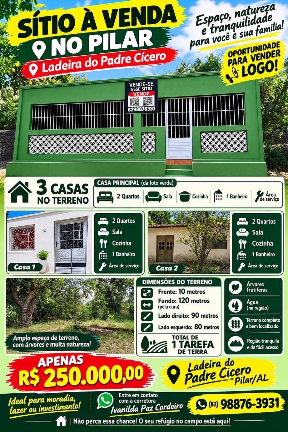 Vende-se sitio com três casas
